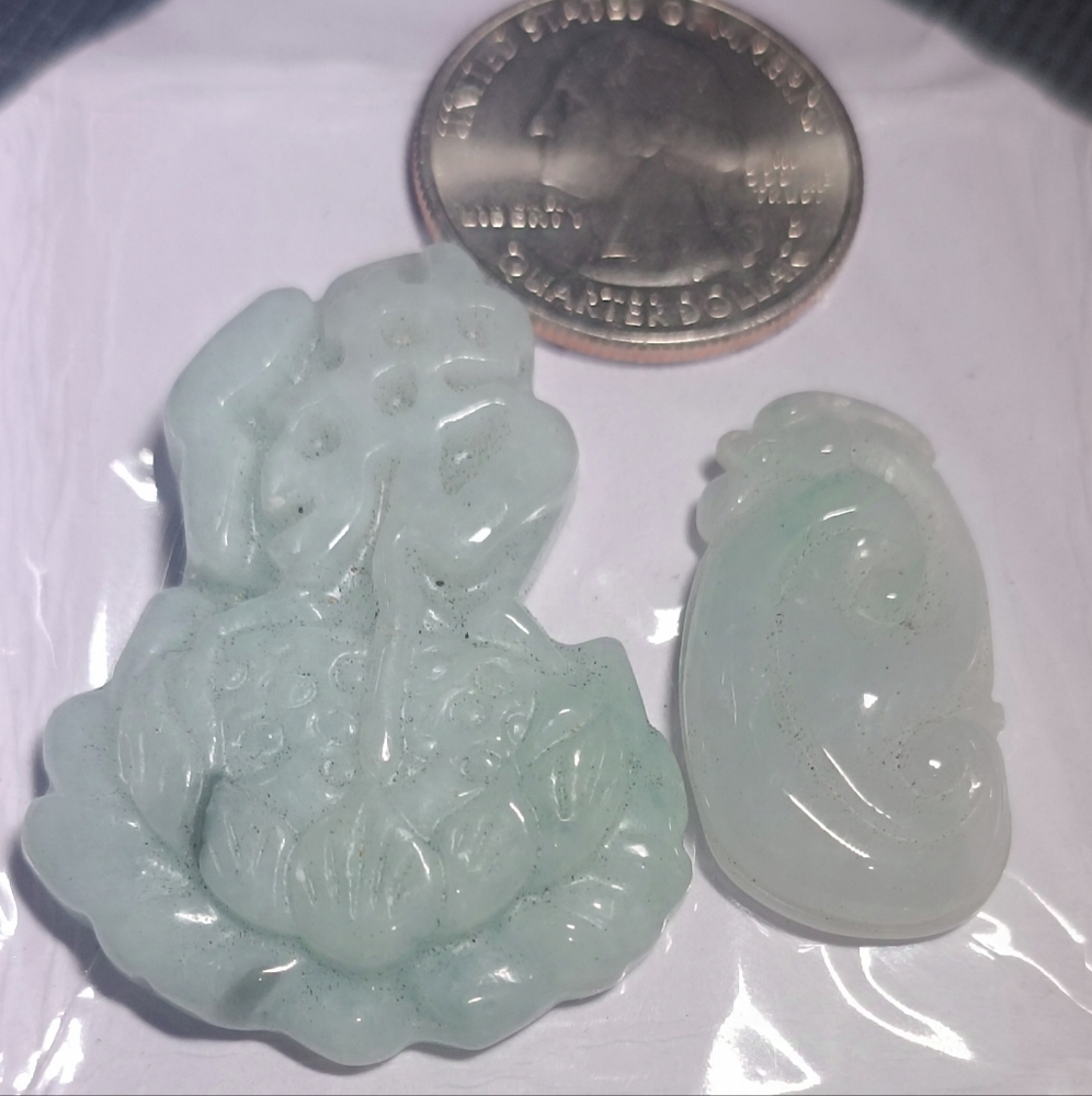 Myanmar type a natural lucky green jade pendant x2